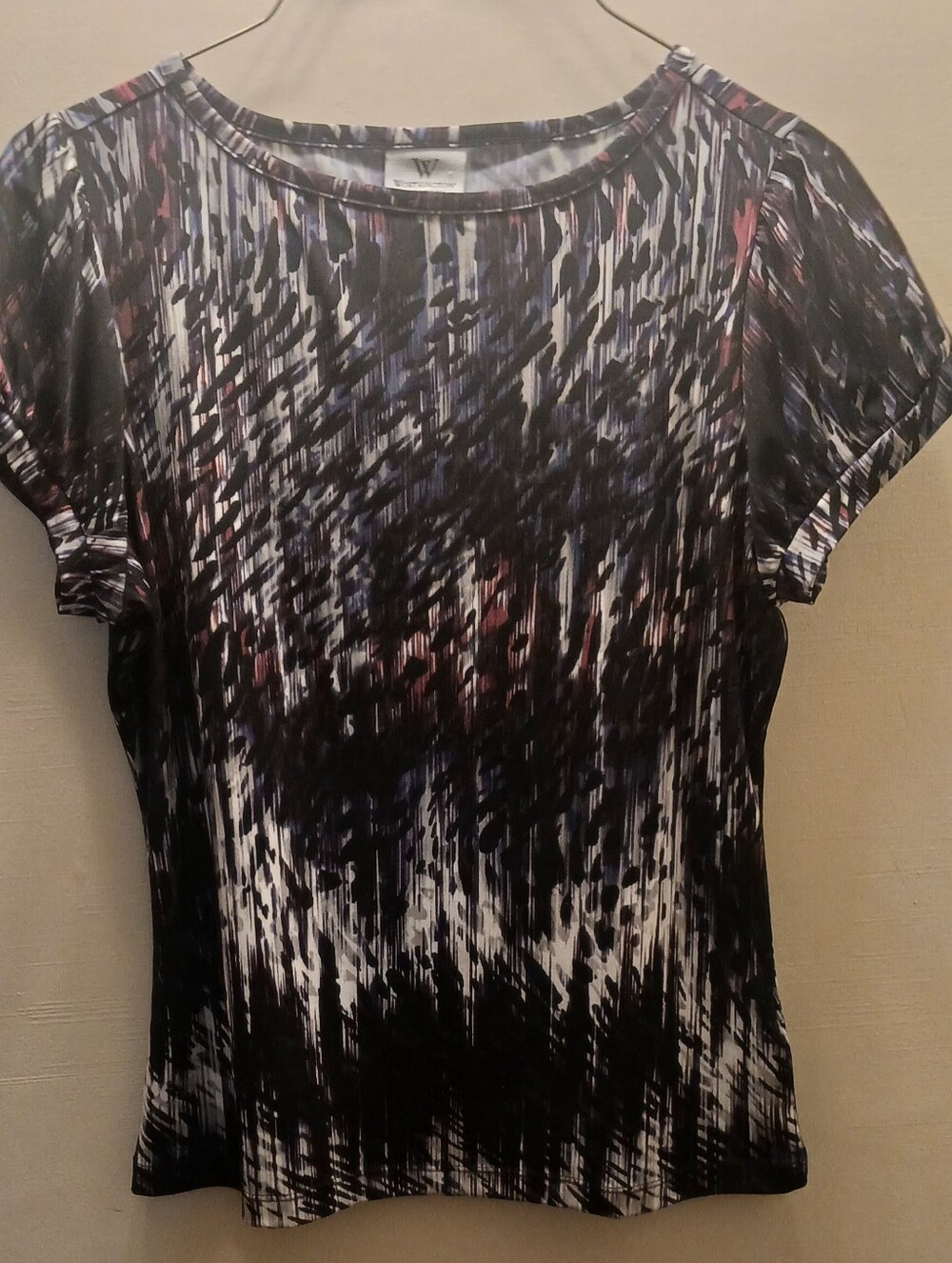 Worthington Black Multi-Color Abstract Short Sleeve Top